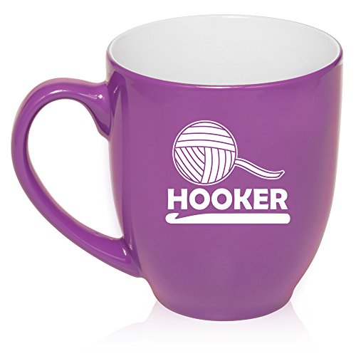 16 oz Large Bistro Mug Ceramic Coffee Tea Glass Cup Funny Crochet Hooker (Purple)