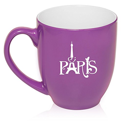 16 oz Large Bistro Mug Ceramic Coffee Tea Glass Cup Paris Eiffel Tower Heart Love (Purple)