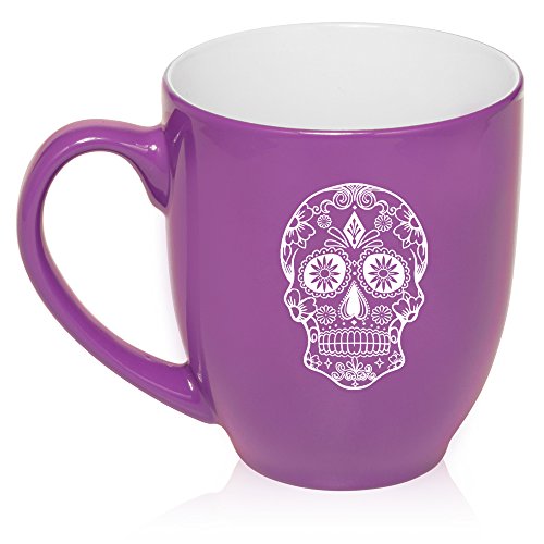 16 oz Large Bistro Mug Ceramic Coffee Tea Glass Cup Sugar Candy Skull (Purple)
