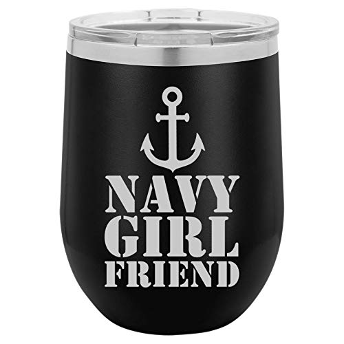 12 oz Double Wall Vacuum Insulated Stainless Steel Stemless Wine Tumbler Glass Coffee Travel Mug With Lid Navy Girlfriend Anchor (Black)