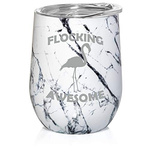 12 oz Double Wall Vacuum Insulated Stainless Steel Marble Stemless Wine Tumbler Glass Coffee Travel Mug With Lid Flocking Awesome Flamingo Funny (Black White Marble)