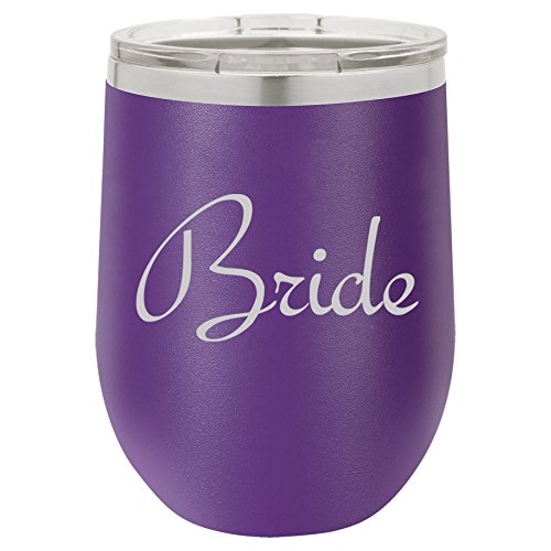 12 oz Double Wall Vacuum Insulated Stainless Steel Stemless Wine Tumbler Glass Coffee Travel Mug With Lid Bride Bachelorette Wedding (Purple)