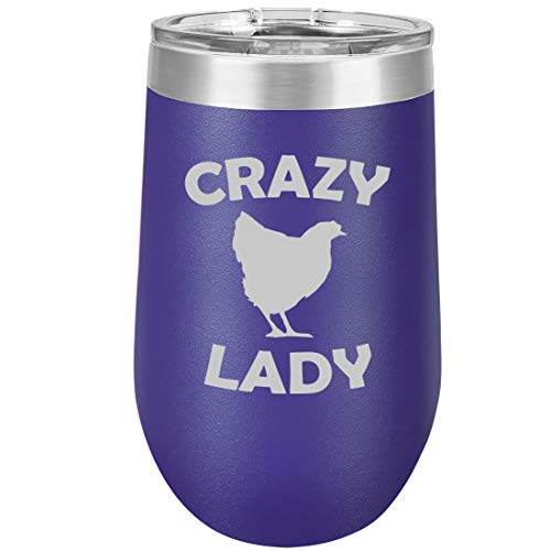 16 oz Double Wall Vacuum Insulated Stainless Steel Stemless Wine Tumbler Glass Coffee Travel Mug With Lid Crazy Chicken Lady (Purple)