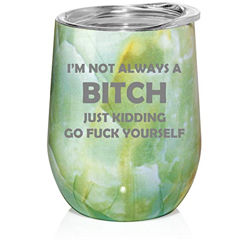 12 oz Double Wall Vacuum Insulated Stainless Steel Marble Stemless Wine Tumbler Glass Coffee Travel Mug With Lid I'm Not Always A Btch Just Kidding Funny (Turquoise Green Marble)