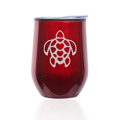 Stemless Wine Tumbler Coffee Travel Mug Glass With Lid Turtle Hearts (Red)