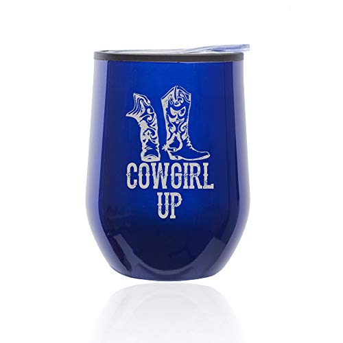 Stemless Wine Tumbler Coffee Travel Mug Glass With Lid Cowgirl Up Boots (Blue)