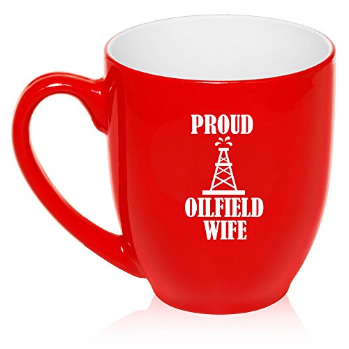 16 oz Large Bistro Mug Ceramic Coffee Tea Glass Cup Proud Oilfield Wife (Red)