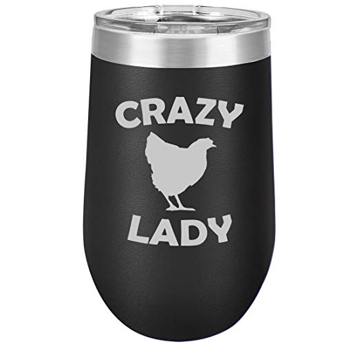 16 oz Double Wall Vacuum Insulated Stainless Steel Stemless Wine Tumbler Glass Coffee Travel Mug With Lid Crazy Chicken Lady (Black)