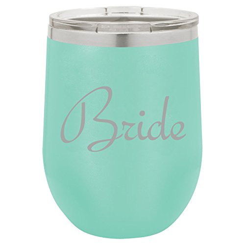 12 oz Double Wall Vacuum Insulated Stainless Steel Stemless Wine Tumbler Glass Coffee Travel Mug With Lid Bride Bachelorette Wedding (Teal)