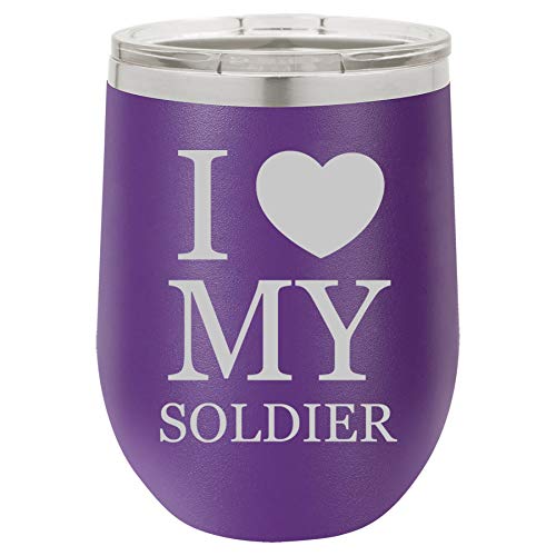 12 oz Double Wall Vacuum Insulated Stainless Steel Stemless Wine Tumbler Glass Coffee Travel Mug With Lid I Love My Soldier (Purple)