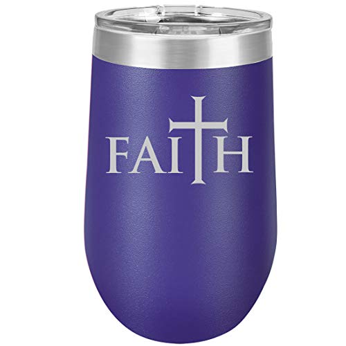 16 oz Double Wall Vacuum Insulated Stainless Steel Stemless Wine Tumbler Glass Coffee Travel Mug With Lid Faith Cross (Purple)