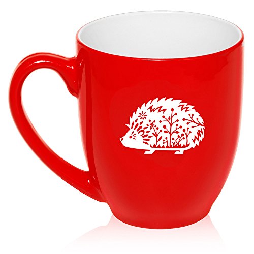 16 oz Large Bistro Mug Ceramic Coffee Tea Glass Cup Fancy Hedgehog (Red)