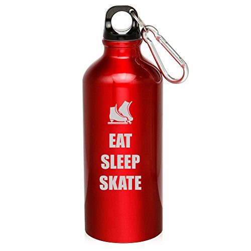 20oz Aluminum Sports Water Bottle Caribiner Clip Eat Sleep Skate Ice Skates (Red)