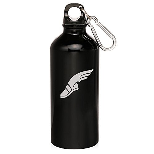 20oz Aluminum Sports Water Bottle Caribiner Clip Track and Field Wing Shoe (Black)