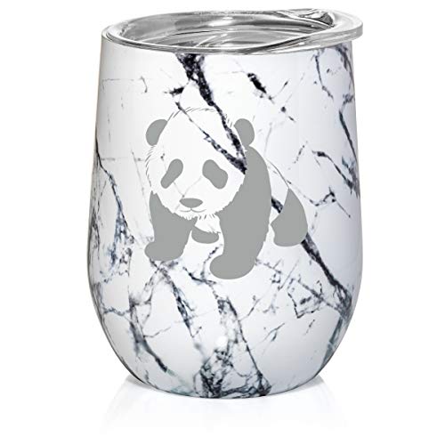 12 oz Double Wall Vacuum Insulated Stainless Steel Marble Stemless Wine Tumbler Glass Coffee Travel Mug With Lid Baby Panda (Black White Marble)