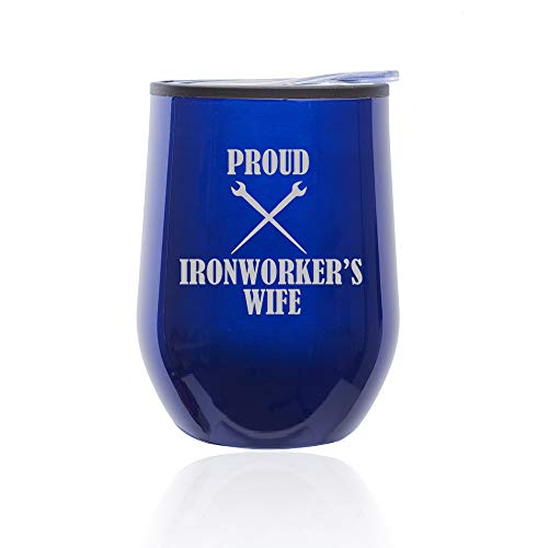 Stemless Wine Tumbler Coffee Travel Mug Glass With Lid Proud Ironworker's Wife (Blue)