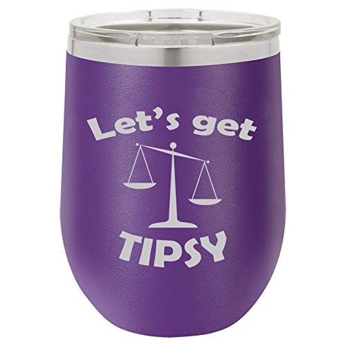 12 oz Double Wall Vacuum Insulated Stainless Steel Stemless Wine Tumbler Glass Coffee Travel Mug With Lid Funny Scales of Justice Let's Get Tipsy (Purple)