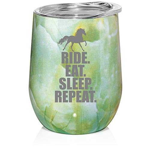 12 oz Double Wall Vacuum Insulated Stainless Steel Marble Stemless Wine Tumbler Glass Coffee Travel Mug With Lid Horse Ride Eat Sleep Repeat (Turquoise Green Marble)