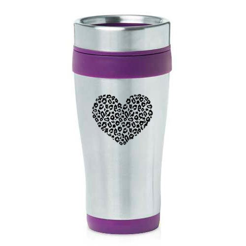 16oz Insulated Stainless Steel Travel Mug Leopard Print Love Heart (Purple)