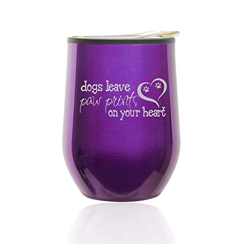 Stemless Wine Tumbler Coffee Travel Mug Glass With Lid Dogs Leave Paw Prints (Royal Purple)