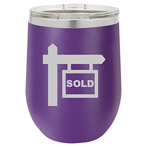 12 oz Double Wall Vacuum Insulated Stainless Steel Stemless Wine Tumbler Glass Coffee Travel Mug With Lid Real Estate Agent Broker Realtor Sold (Purple)