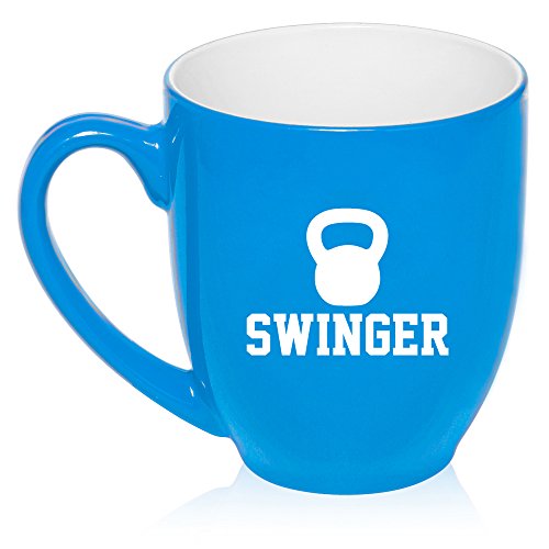 16 oz Large Bistro Mug Ceramic Coffee Tea Glass Cup Swinger Kettlebell Funny Workout Fitness (Light Blue)