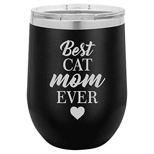 12 oz Double Wall Vacuum Insulated Stainless Steel Stemless Wine Tumbler Glass Coffee Travel Mug With Lid Best Cat Mom Ever Mother (Black)