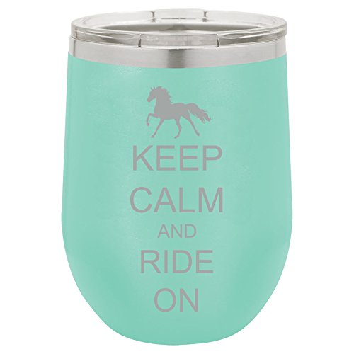 12 oz Double Wall Vacuum Insulated Stainless Steel Stemless Wine Tumbler Glass Coffee Travel Mug With Lid Keep Calm And Ride On Horse (Teal)