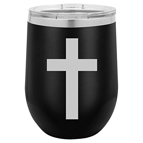 12 oz Double Wall Vacuum Insulated Stainless Steel Stemless Wine Tumbler Glass Coffee Travel Mug With Lid Cross Christian (Black)