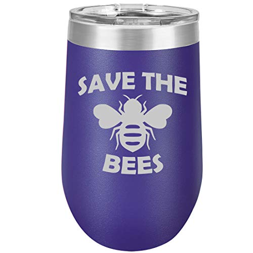 16 oz Double Wall Vacuum Insulated Stainless Steel Stemless Wine Tumbler Glass Coffee Travel Mug With Lid Save The Bees (Purple)