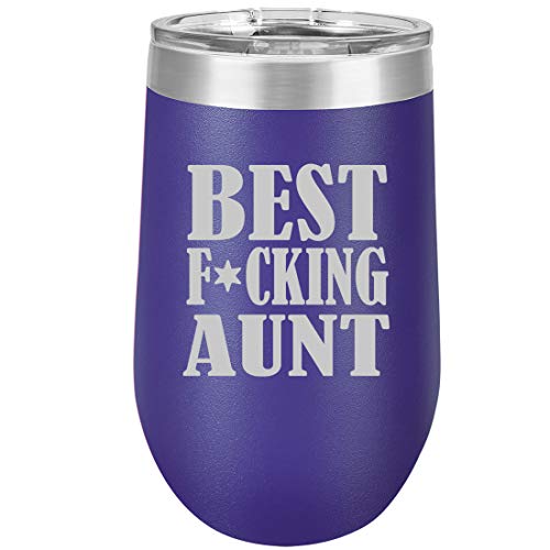 16 oz Double Wall Vacuum Insulated Stainless Steel Stemless Wine Tumbler Glass Coffee Travel Mug With Lid Best F ing Aunt (Purple)
