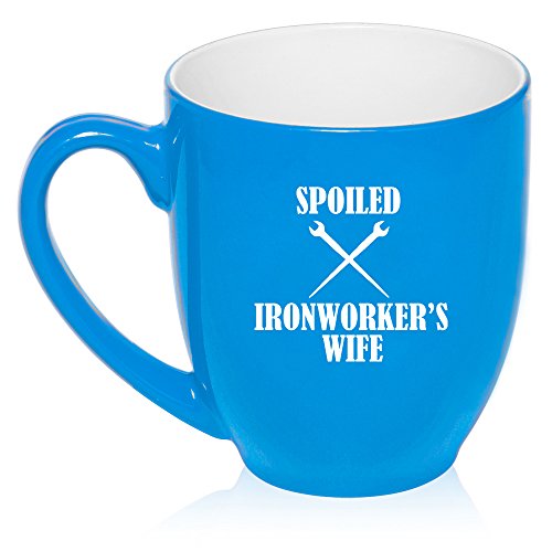 16 oz Large Bistro Mug Ceramic Coffee Tea Glass Cup Spoiled Iron Worker's Wife (Light Blue)
