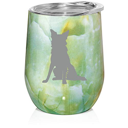 12 oz Double Wall Vacuum Insulated Stainless Steel Marble Stemless Wine Tumbler Glass Coffee Travel Mug With Lid Border Collie (Turquoise Green Marble)