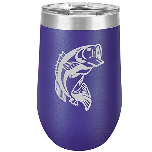 16 oz Double Wall Vacuum Insulated Stainless Steel Stemless Wine Tumbler Glass Coffee Travel Mug With Lid Bass Fish (Purple)