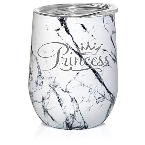 12 oz Double Wall Vacuum Insulated Stainless Steel Marble Stemless Wine Tumbler Glass Coffee Travel Mug With Lid Princess Fancy (Black White Marble)