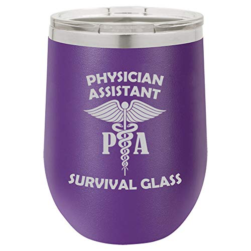 12 oz Double Wall Vacuum Insulated Stainless Steel Stemless Wine Tumbler Glass Coffee Travel Mug With Lid Physician Assistant PA Survival Glass Funny (Purple)