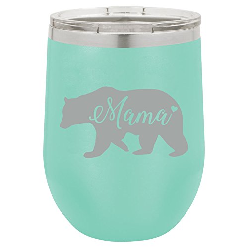 12 oz Double Wall Vacuum Insulated Stainless Steel Stemless Wine Tumbler Glass Coffee Travel Mug With Lid Mama Bear Mom Mother (Teal)