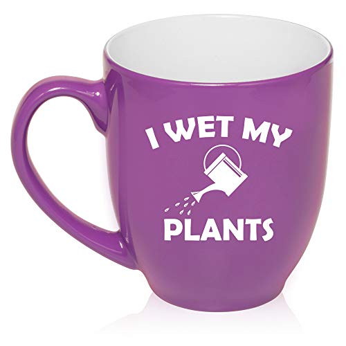 16 oz Large Bistro Mug Ceramic Coffee Tea Glass Cup I Wet My Plants Funny Gardening Florist (Purple)