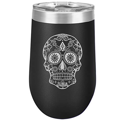 16 oz Double Wall Vacuum Insulated Stainless Steel Stemless Wine Tumbler Glass Coffee Travel Mug With Lid Sugar Candy Skull (Black)