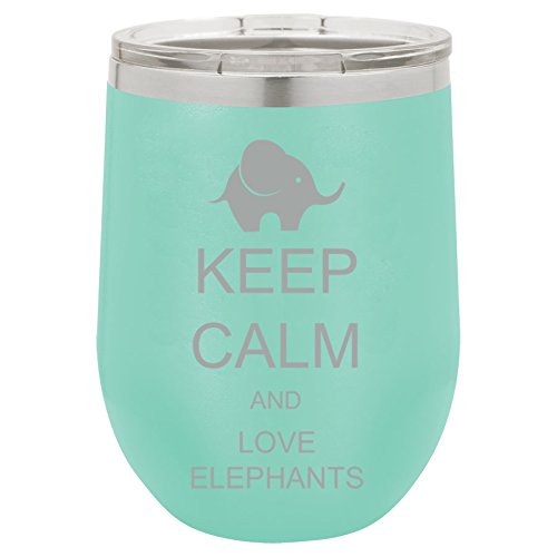 12 oz Double Wall Vacuum Insulated Stainless Steel Stemless Wine Tumbler Glass Coffee Travel Mug With Lid Keep Calm And Love Elephants (Teal)