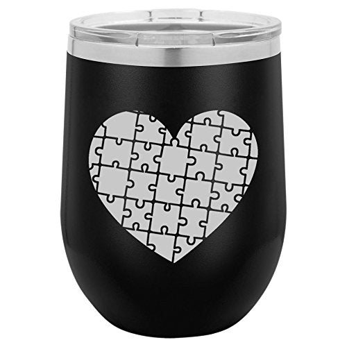 12 oz Double Wall Vacuum Insulated Stainless Steel Stemless Wine Tumbler Glass Coffee Travel Mug With Lid Heart Puzzle Autism (Black)