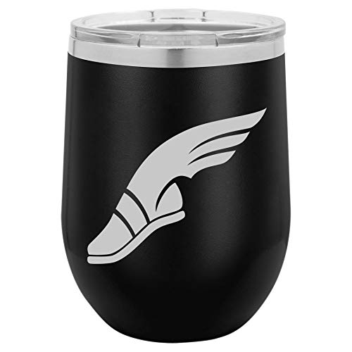 12 oz Double Wall Vacuum Insulated Stainless Steel Stemless Wine Tumbler Glass Coffee Travel Mug With Lid Track & Field Wing Shoe (Black)
