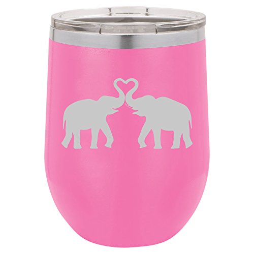 12 oz Double Wall Vacuum Insulated Stainless Steel Stemless Wine Tumbler Glass Coffee Travel Mug With Lid Elephants Making Heart (Hot-Pink)