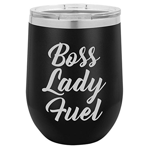 12 oz Double Wall Vacuum Insulated Stainless Steel Stemless Wine Tumbler Glass Coffee Travel Mug With Lid Boss Lady Fuel (Black)