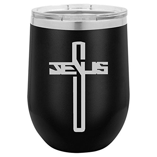 12 oz Double Wall Vacuum Insulated Stainless Steel Stemless Wine Tumbler Glass Coffee Travel Mug With Lid Jesus Cross (Black)