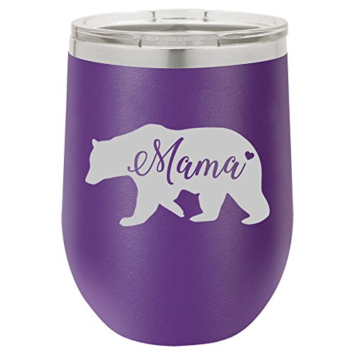 12 oz Double Wall Vacuum Insulated Stainless Steel Stemless Wine Tumbler Glass Coffee Travel Mug With Lid Mama Bear Mom Mother (Purple)