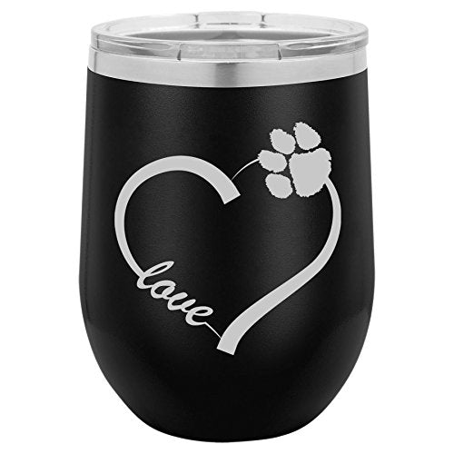 12 oz Double Wall Vacuum Insulated Stainless Steel Stemless Wine Tumbler Glass Coffee Travel Mug With Lid Love Heart Paw Animals (Black)