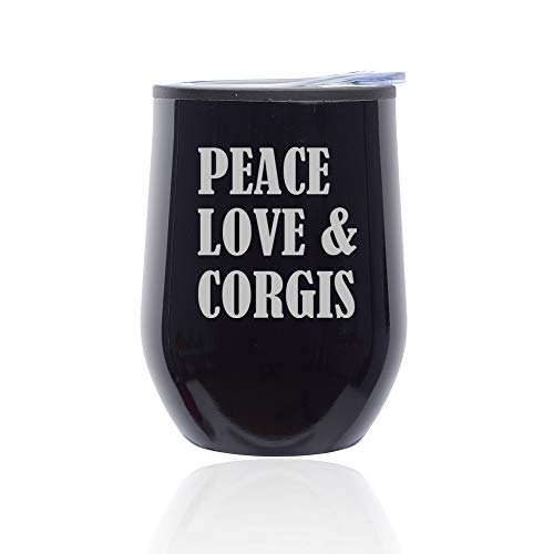 Stemless Wine Tumbler Coffee Travel Mug Glass With Lid Peace Love & Corgis (Midnight Black)