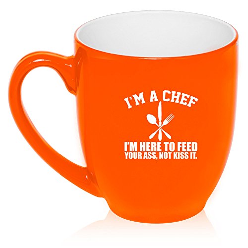 16 oz Large Bistro Mug Ceramic Coffee Tea Glass Cup Chef Here To Feed You (Orange)