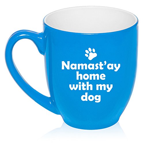 16 oz Large Bistro Mug Ceramic Coffee Tea Glass Cup Namast'ay Home With My Dog (Light Blue)
